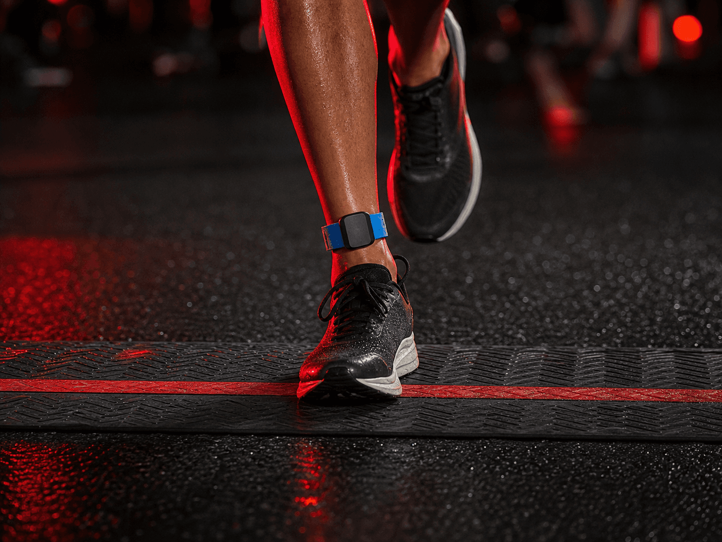 Running shoe crossing an RFID timing mat